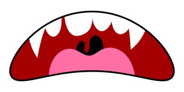 Korkunç ve ürkütücü canavar ağzı. Keskin dişli korkunç bir çizgi film gülümsemesi. Cadılar Bayramı için canavar ya da vampir dişi. Vektör illüstrasyonu beyaz arkaplanda izole edildi.