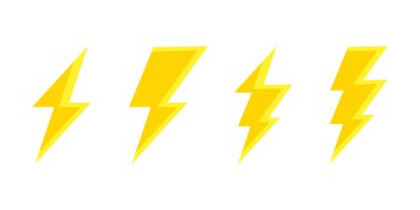 Şimşek yıldırımı simgeleri ayarlandı. Gök gürültüsü sembolleri. Yıldırım çarpması vektör çizimi beyaz arkaplanda izole edildi.