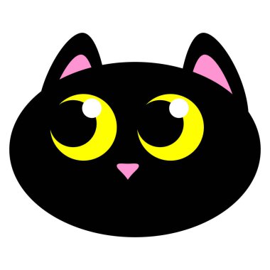 Sarı gözlü kara kedi çizgi filmi. Şirin kedi yavrusu ikonu. Kedi suratlı. Vektör illüstrasyonu beyaz arkaplanda izole edildi.