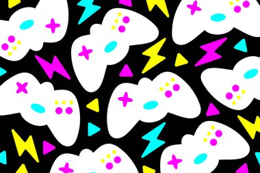 Gamepad ve grafik elementlerle geçmişe dönük bir geçmiş. Oyun arkaplan vektör çizimi.