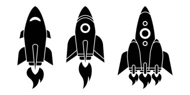 Roket düz simgeler ayarlandı. Roket fırlatıldı. Modern başlangıç sembolleri. Vektör illüstrasyonu beyaz arkaplanda izole edildi.