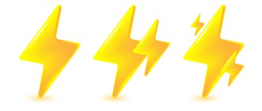 Sarı çizgi film yıldırımları. Şimşek simgesi seti. Vektör illüstrasyonu beyaz arkaplanda izole edildi.