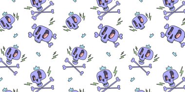 Cadılar bayramı örtüsü için çapraz kemikli ve taç desenli şirin kafatası karikatürleri. Komik kafatasları elle çizilmiş çizimler. Moda Gotik tasarımı. Vektör EPS 10