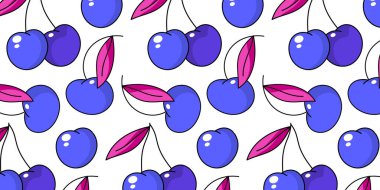 Beyaz arka planda yaprak desenli şirin kirazlar. Tasarım için kiraz. Menü posterleri. Vektör EPS 10