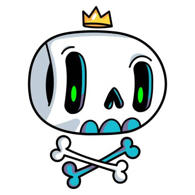 Taçlı şirin bir kafatası. Cadılar Bayramı için komik kafatası çıkartması. Vektör illüstrasyonu beyaz arkaplanda izole edildi.