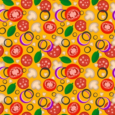 Sebze arkaplanı. Sebzeler dikişsiz desenli arka plan. Sağlıklı yemek örtüsü. Domates, mantar, soğan ve marul. Vektör illüstrasyonu EPS 10