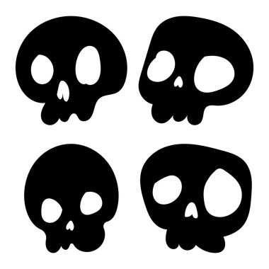 Siyah karikatür kafatası ikonu çizimi. Çizgi roman tarzı. Korku ya da Cadılar Bayramı için tişört baskısı. Beyaz arkaplanda el çizimi çizimi izole edilmiş. Vektör EPS 10