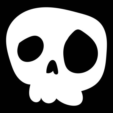 Beyaz karikatür kafatası çizimi. Çizgi roman tarzı. Korku ya da Cadılar Bayramı için tişört baskısı. El çizimi çizimi siyah arka planda izole edilmiş. Vektör EPS 10