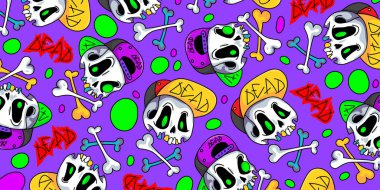 Şapka desenli şirin kafatasları, renkli bir arka plan. Cadılar Bayramı kapak tasarımı için komik kafatasları çizimi. Çapraz kemikli güzel eller çizilmiş. Vektör EPS 10