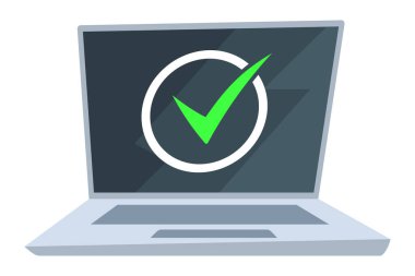 Çizgi dizüstü bilgisayarda yeşil onay işareti var. Çevrimiçi öğrenme ve online alışveriş. Tasarım vektörü illüstrasyonu için Gadget.