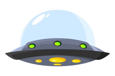 Tatlı çizgi film uzay gemisi. Komik düz UFO uzay gemisi çizimi. Beyaz arkaplanda izole edilmiş vektör.