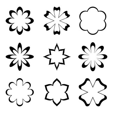 Çiçek simgeleri ayarlandı. Modern soyut simgeler veya logolar. Tasarım için geometrik şekiller. Vektör illüstrasyonu beyaz arkaplanda izole edildi.