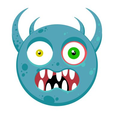 Boynuzlu komik canavar suratı. Cadılar Bayramı tasarımı için sevimli uzaylı ifadesi. Vektör illüstrasyonu beyaz arkaplanda izole edildi.