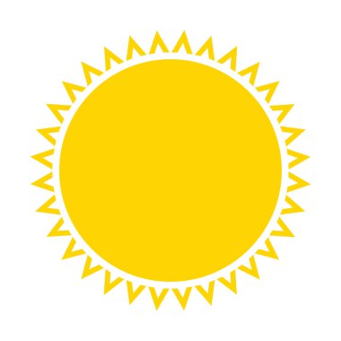 Sarı güneş ikonu. Yaz sıcağı ikonu. Yuvarlak güneş enerjisi. Vektör illüstrasyonu beyaz arkaplanda izole edildi.