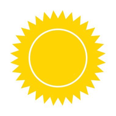 Sarı güneş ikonu. Yaz sıcağı ikonu. Yuvarlak güneş enerjisi. Vektör illüstrasyonu beyaz arkaplanda izole edildi.