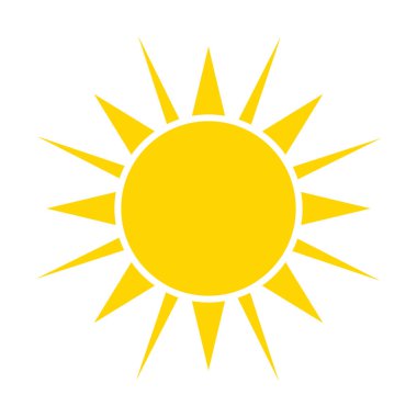 Sarı güneş ikonu. Yaz sıcağı ikonu. Yuvarlak güneş enerjisi. Vektör illüstrasyonu beyaz arkaplanda izole edildi.