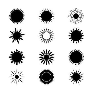 Güneş simgeleri ayarlandı. Yaz sıcağı simgeleri. Yuvarlak güneş enerjisi. Vektör illüstrasyonu beyaz arkaplanda izole edildi.