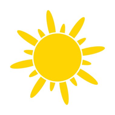 Sarı güneş ikonu. Yaz sıcağı ikonu. Yuvarlak güneş enerjisi. Vektör illüstrasyonu beyaz arkaplanda izole edildi.