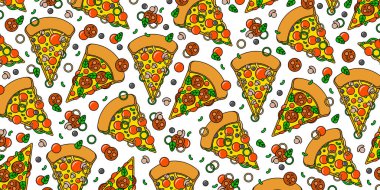 Pizza arkaplanı. Beyaz arka planda bir dilim pizza. Sosisli, mantarlı, domatesli ve peynirli pizza. Vektör illüstrasyonu EPS 10