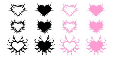 Gotik, punk, emo tarzında sivri uçlu kalpler. Soyut aşk logosu seti. Neo kabilesinin kalpleri. Vektör illüstrasyonu beyaz arkaplanda izole edildi.