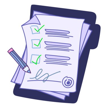 Belge dizinini mühürlü ve metni imzalı yap. İş belgeleri, anket, okul sınavı. Beyaz arkaplanda izole edilmiş vektör el çizimi.