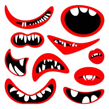 Komik karikatür canavar ağzı. Dişleri ve sivri dişleri olan yaratık dudakları. Cadılar Bayramı için ağız maskeleri. Vektör illüstrasyonu beyaz arkaplanda izole edildi.