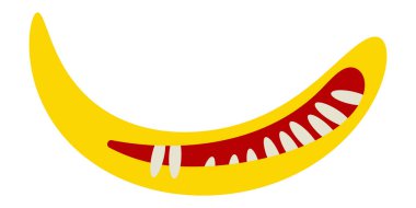 Komik karikatür canavar ağzı. Dişleri ve sivri dişleri olan yaratık dudakları. Cadılar Bayramı için ağız maskesi. Vektör illüstrasyonu beyaz arkaplanda izole edildi.