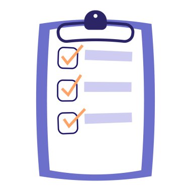 Çizgi film işi belgesi, inceleme, okul testi. Liste işaretleri yapılacak pano. Belge kağıdı düz simgesi. Vektör illüstrasyonu beyaz arkaplanda izole edildi.