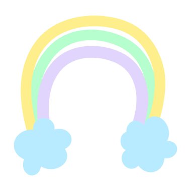 Bulutlu gökkuşağı elle çizilmiş. Beyaz arkaplanda izole edilmiş vektör.