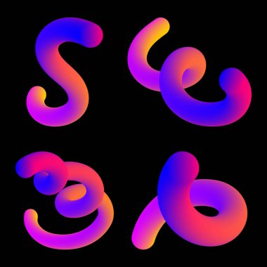 Farklı şekillerde soyut sıvı eğrisi kümesi. Gradyan karışım çizgisi simgeleri. Yaratıcı tasarım elementleri. Vektör illüstrasyonu siyah arkaplanda izole edildi.