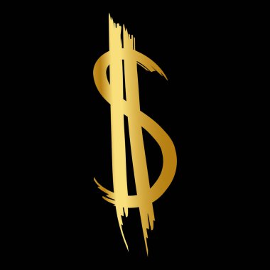 Altın dolar ikonu. Altın dolar işaretinin elle çizilmiş fırça darbesi. İşletme, dekorasyon, web siteleri ve uygulama için para işareti. Vektör illüstrasyonu siyah arkaplanda izole edildi.