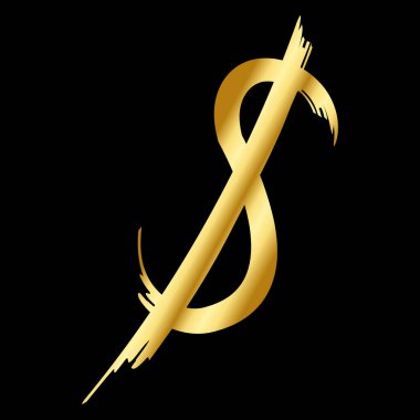 Altın dolar ikonu. Altın dolar işaretinin elle çizilmiş fırça darbesi. İşletme, dekorasyon, web siteleri ve uygulama için para işareti. Vektör illüstrasyonu siyah arkaplanda izole edildi.