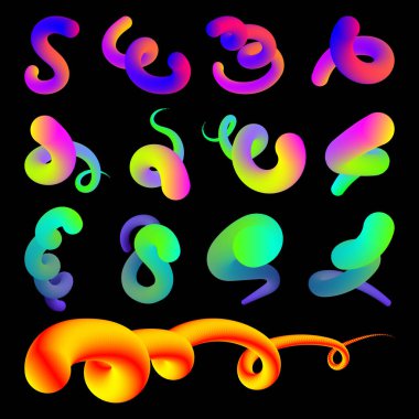 Farklı şekillerde soyut sıvı eğrisi kümesi. Gradyan karışım çizgisi simgeleri. 3 boyutlu sıvı akış dalgası etkisi. Yaratıcı tasarım elementleri. Vektör illüstrasyonu siyah arkaplanda izole edildi.