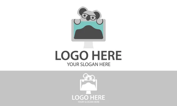 Cor Cinza Koala Com Monitor Laptop Tech Logo Design — Vetor de Stock