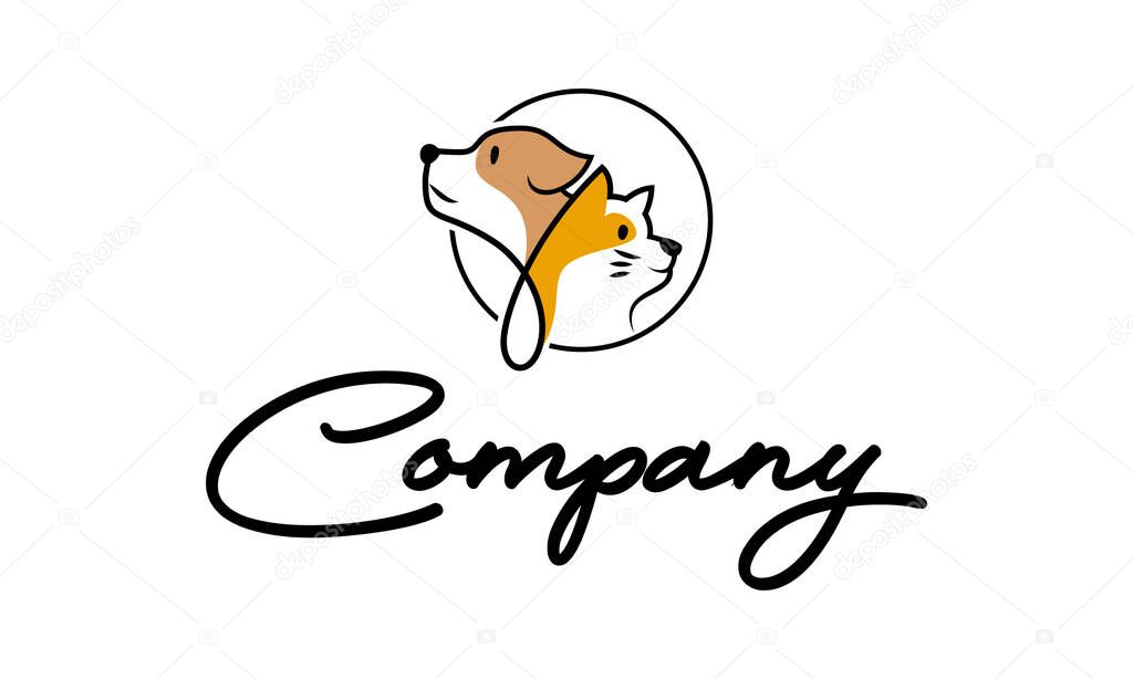 Brown and Orange Color Line Art Circle Cat Dog Logo Design