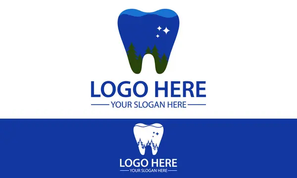 stock vector Blue Color Night Scene Tooth and Pine Tree Dental Clinic Logo Dental