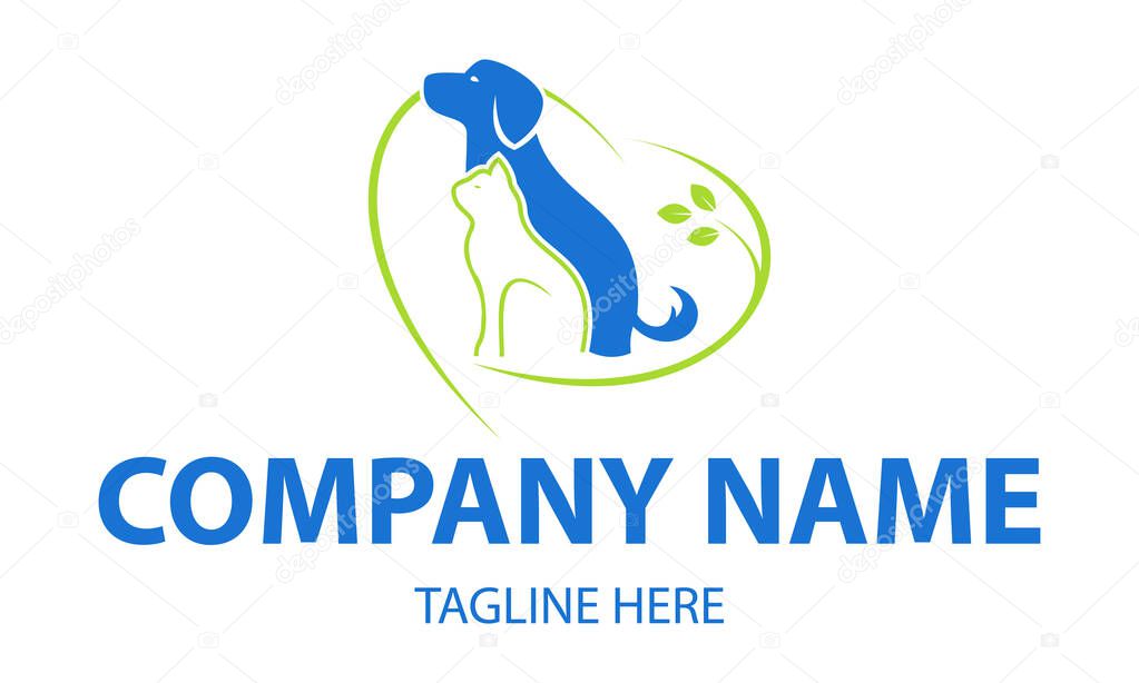 Blue and Green Color Cat and Dog with Leaf Logo Design