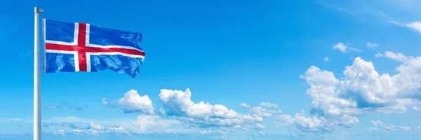 Iceland Flag State Europe Flag Waving Blue Sky Beautiful Clouds — Stockfoto