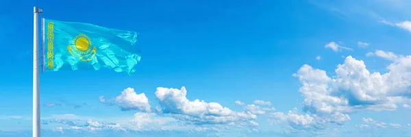 Kazakhstan Flag State Europe Flag Waving Blue Sky Beautiful Clouds — 스톡 사진