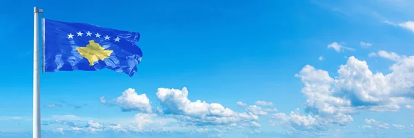 Kosovo Flag State Europe Flag Waving Blue Sky Beautiful Clouds —  Fotos de Stock