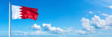 Bahrain Flag - state of Asia, flag waving on a blue sky in beautiful clouds - Horizontal banner