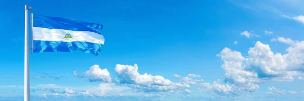 Nicaragua Flag State America Flag Waving Blue Sky Beautiful Clouds — Stock fotografie