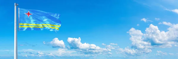 Aruba Flag State America Flag Waving Blue Sky Beautiful Clouds — Stockfoto
