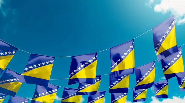 Bandeiras Bósnia Herzegovina Contra Céu Bandeiras Penduradas Verticalmente — Fotografia de Stock