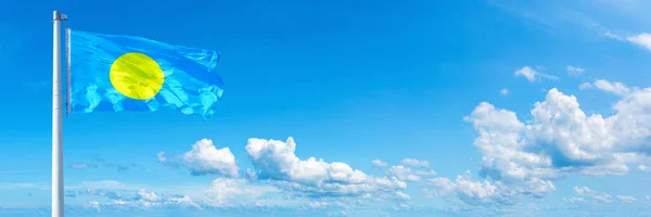 Palau Flag State Australasian Flag Waving Blue Sky Beautiful Clouds — Stockfoto