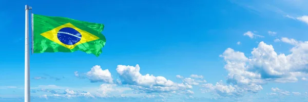 Brazil Flag State America Flag Waving Blue Sky Beautiful Clouds — Stock Photo, Image