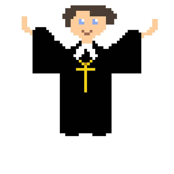 ピクセルアートイラスト 白い背景に隔離された黒いローブで空に手を上げる牧師 — ストックベクタ