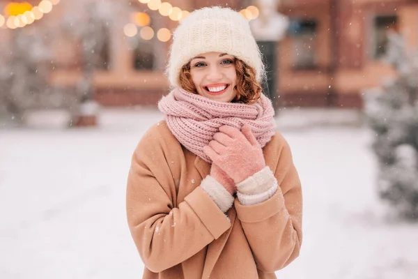 Happy Girl Posing Park Backdrop Fir Trees Lights Beautiful Snowy Royalty Free Stock Images