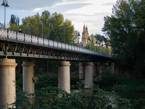 Kilátás Logrono Katedrálisra Ebro Folyó Feletti Hídról — Stock Fotó