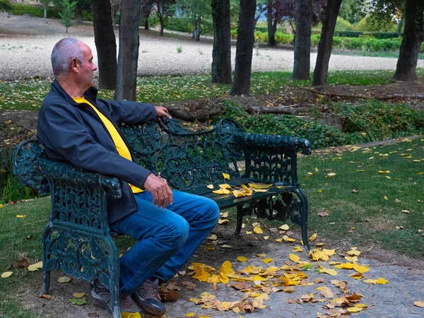 Older man alone sitting on a park bench, missing his partner. Loneliness concept